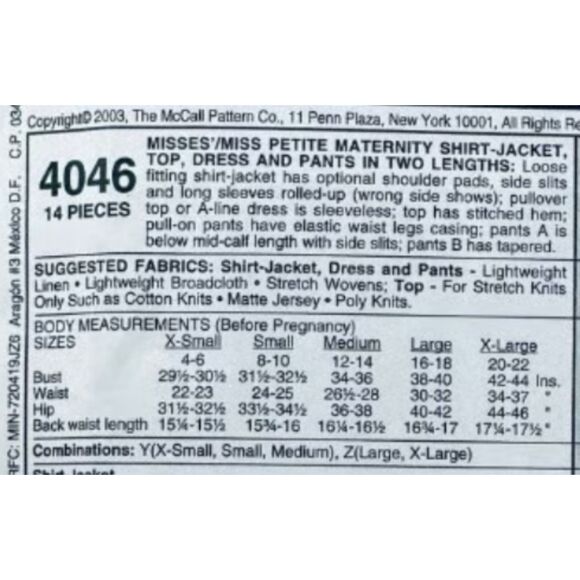 McCalls 4046 Maternity Sewing Pattern Wardrobe XS-Med UNCUT 2003 - Picture 2 of 3